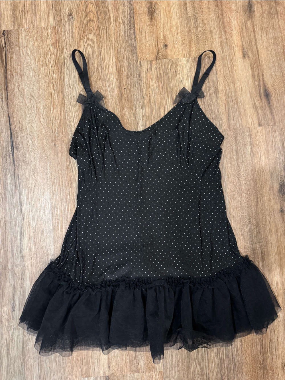Victoria's Secret Black Microdot Tulle-Hem Chemise